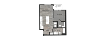A floor plan of a small apartment with a living area, kitchen, bedroom, bathroom, and balcony.