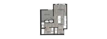 A floor plan of a home with a bedroom, bathroom, kitchen, and living/dining area.