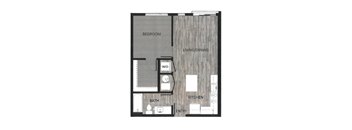 A floor plan of a house with a bedroom, living/dining area, kitchen, bathroom, and entry.