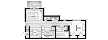 A floor plan of a house with a living room, dining room, kitchen, and two bathrooms.
