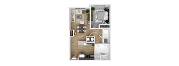 A top-down view of a small apartment with a kitchen, living room, and bedroom.