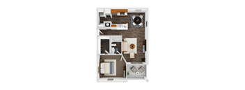 A top-down view of a small apartment with a bedroom, living room, and kitchen.