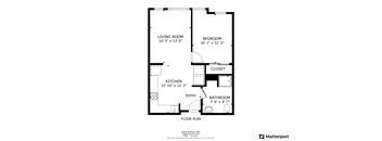 A floor plan for a home with a living room, kitchen, entry, bathroom, and two bedrooms.