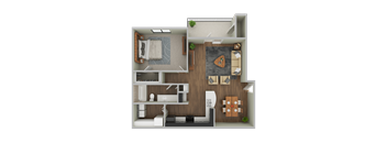 A 3D rendered image of a small apartment layout.