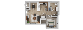 A top-down view of a small apartment with a kitchen, living room, and bedroom.