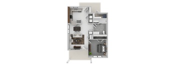 A 3D floor plan of a small apartment with a kitchen, living room, and bathroom.
