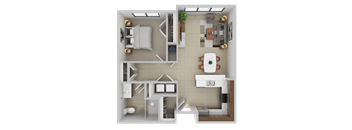 A top-down view of a small, neatly organized apartment with a kitchen, living room, and bathroom.