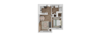 A top-down view of a small apartment with a kitchen, living room, and bathroom.