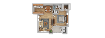 A top-down view of a living room with a couch, coffee table, and kitchen area.