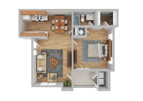 A top-down view of a living room with a couch, coffee table, and kitchen area.