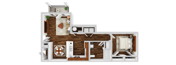 A 3D floor plan of a house with a kitchen, living room, and bedrooms.