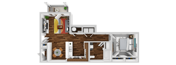 A 3D floor plan of a house with a kitchen, living room, and bedrooms.