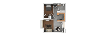 A 3D floor plan of a small apartment with a bedroom, living room, and kitchen.