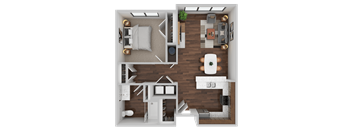 A top-down view of a well-furnished apartment with a living room, kitchen, and bedroom.