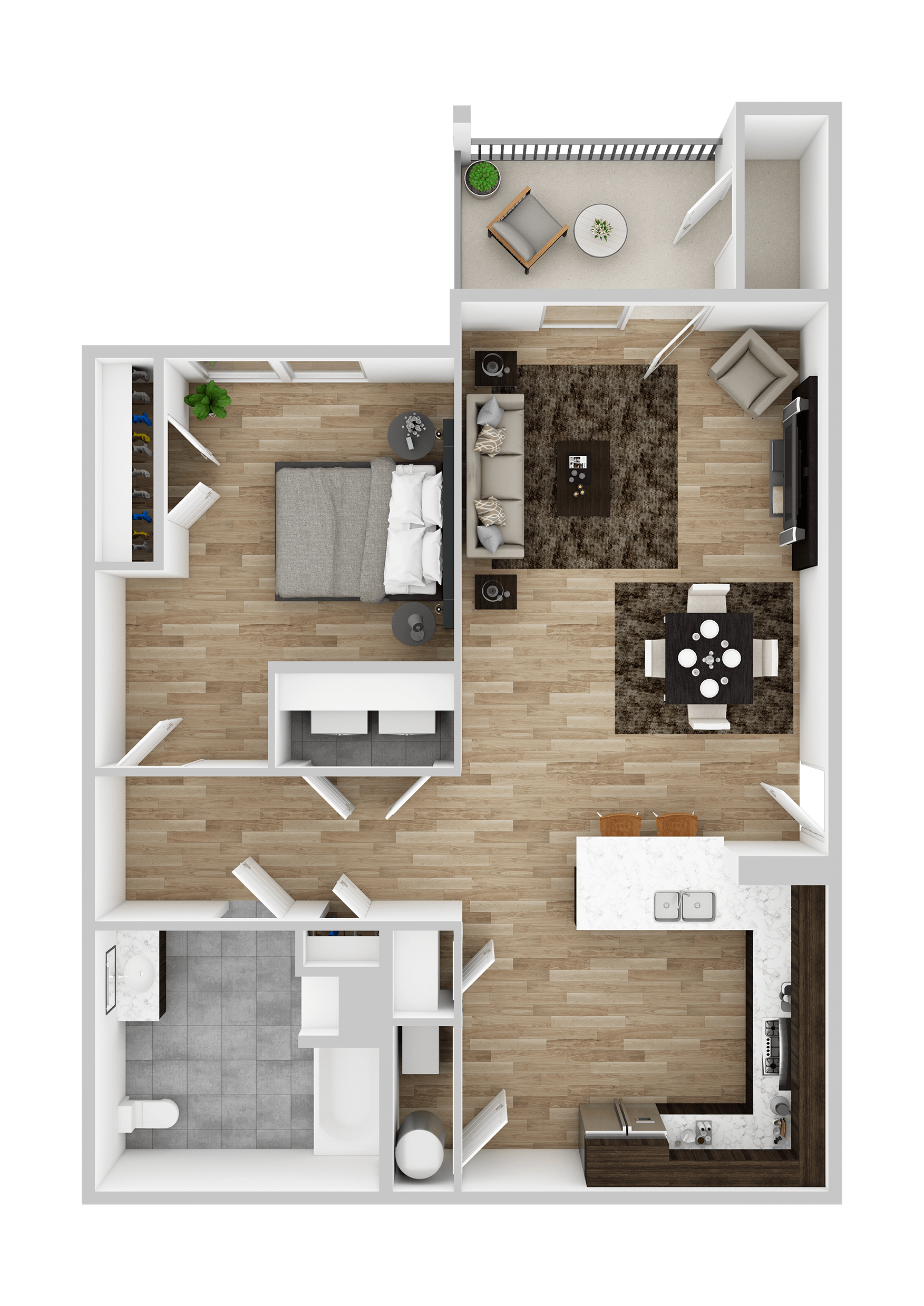 A top-down view of a house layout with a living room, kitchen, and two bedrooms.