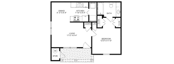 A floor plan of a house with a living room, dining room, kitchen, bathroom, and bedroom.