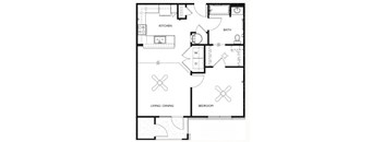 A black and white floor plan of a house with a kitchen, living/dining area, and bedroom.