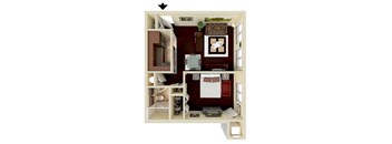 A small apartment with a kitchen, living room, and bathroom.