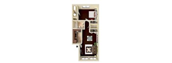 A floor plan of a house with a kitchen, living room, and two bedrooms.