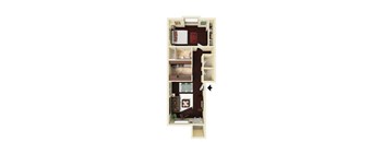 A diagram of a small apartment with a bedroom, living room, and kitchen.