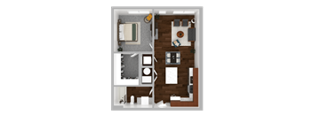 A top-down view of a room with a bed, a desk, and a couch.