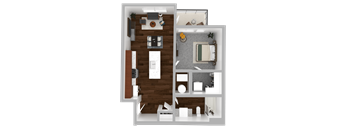 A top-down view of a small apartment with a kitchen, living room, and bathroom.