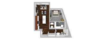 A 3D rendered image of a modern apartment layout.