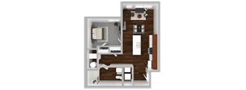 A top-down view of a small apartment with a bedroom, living room, and kitchen area.