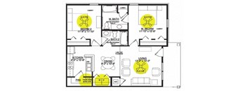 a floor plan of a house with a yellow radioactive sign