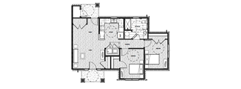 A black and white floor plan of a house with a kitchen, living room, and two bedrooms.