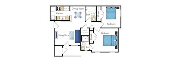A floor plan of a house with a kitchen, dining room, living room, and two bedrooms.