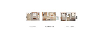 Three images showing the layout of the first, second and third floors of a house.