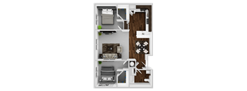 A 3D floor plan of a small apartment with two bedrooms, a living room, and a kitchen.