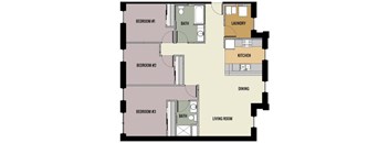 A floor plan of a living space with three bedrooms, a kitchen, a dining area, a laundry room, and a living room.
