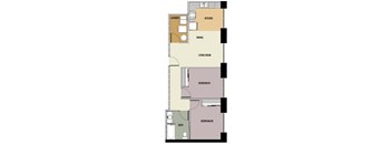 A floor plan of a house showing a laundry area, kitchen, dining area, living room, and two bedrooms.