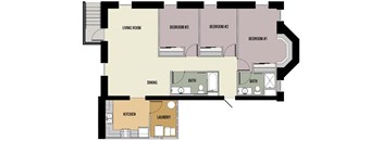 A floor plan of a house with a living room, dining area, kitchen, and three bedrooms.