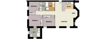 A floor plan of a small apartment with three bedrooms and a living room.