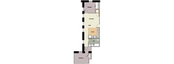 A floor plan of a house with a living room, dining room, kitchen, and bathroom.