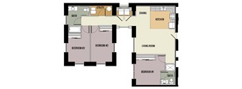 A floor plan of a house with three bedrooms, a living room, a dining area, a kitchen, and a bathroom.