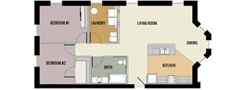 A floor plan of a small apartment with two bedrooms, a living room, a kitchen, a dining area, a bathroom, and a laundry room.