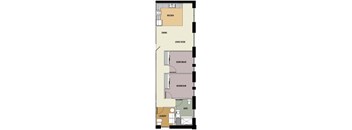 A floor plan of a house with labeled rooms including a kitchen, dining area, and two bedrooms.