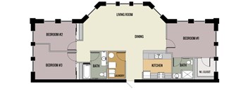A floor plan of a house with three bedrooms, a laundry room, a dining room, a kitchen, and two bathrooms.