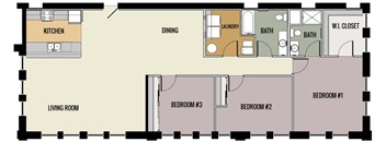 A floor plan of a house with a kitchen, dining area, living room, three bedrooms, two bathrooms, and a wardrobe.
