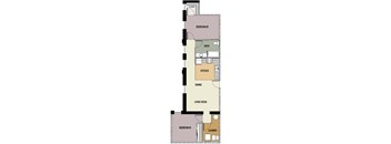 A floor plan of a house with two bedrooms, a living room, a kitchen, a bath, and a laundry room.
