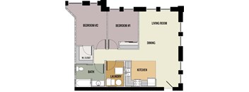 A floor plan of a house with two bedrooms, a living room, a dining area, a kitchen, a bathroom, and a laundry room.