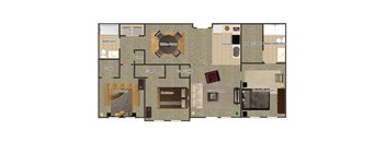 A floor plan of a house with a kitchen, living room, dining room, and bathroom.