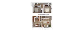 A diagram of a two-story apartment with the first floor being 379 square feet and the second floor being 389 square feet.