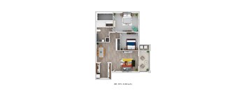A floor plan of a 2BR, 1BTH apartment with a living room, kitchen, and two bedrooms.