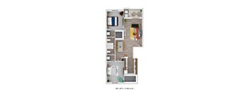 A floor plan of a 2 bedroom, 2 bathroom apartment sized 980 square feet.