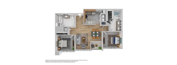 A floor plan of a two-bedroom apartment with a living room, kitchen, and bathroom.
